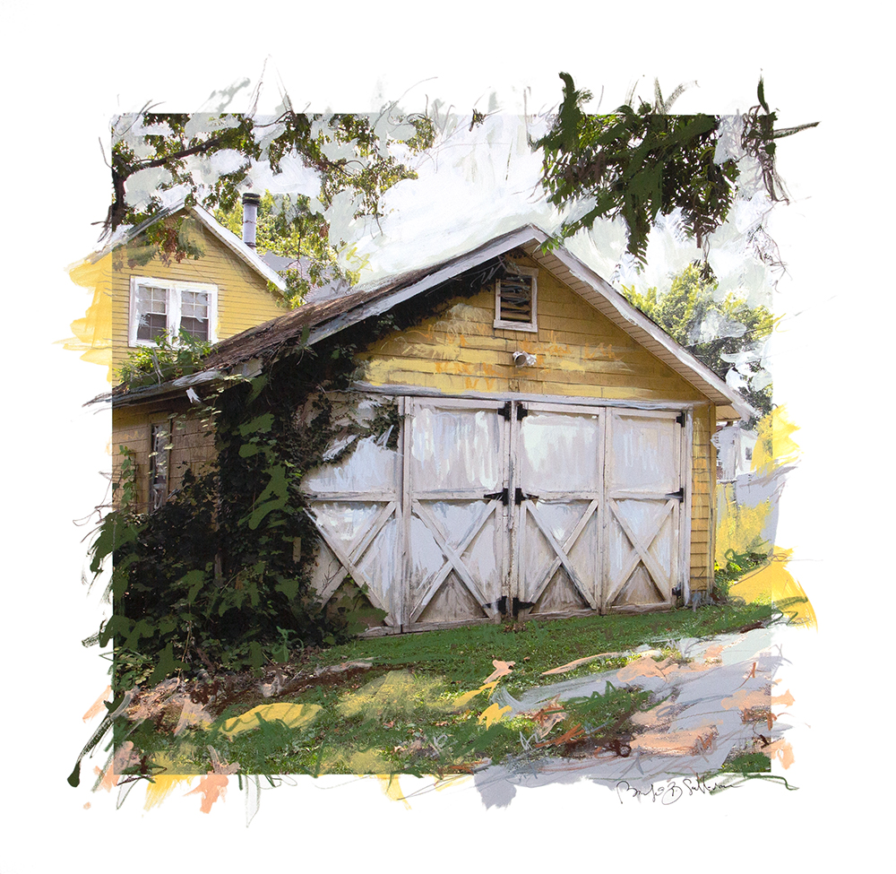 Photograph with mixed media, old 2 car garage